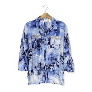 Chico's Blue Sequin High Low Button Down Blouse